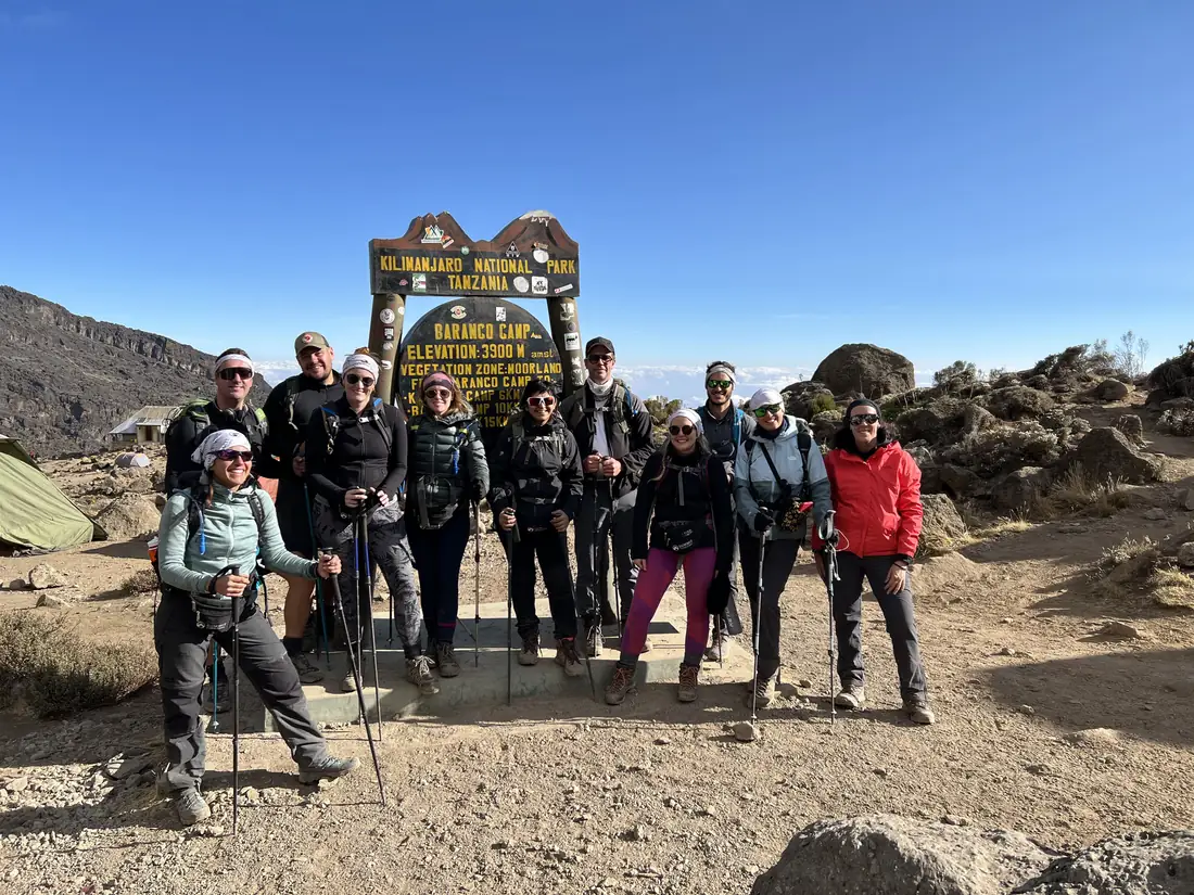 Corporate team on the trail at Barafu Camp, Kilimanjaro