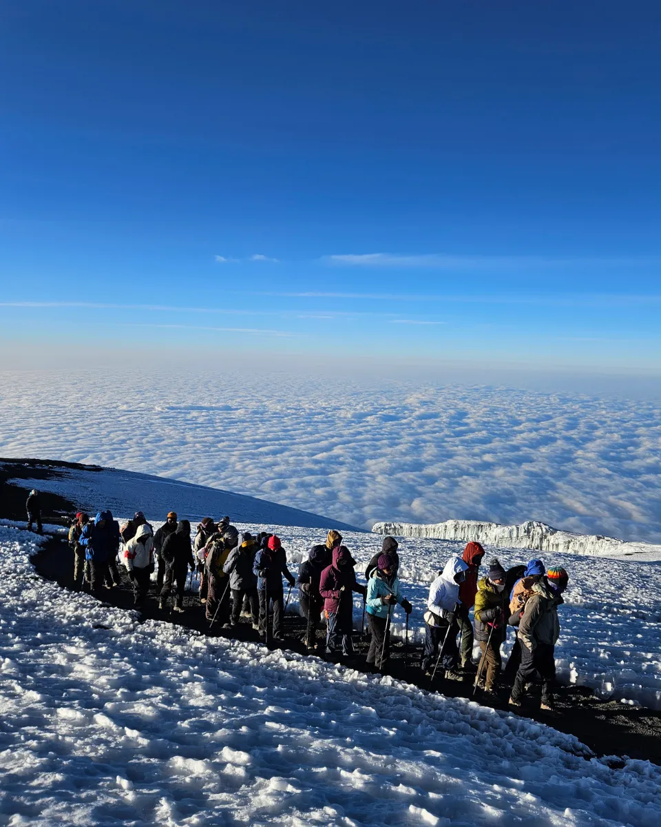 A line of trekkers crossing snow above the clouds on Kilimanjaro